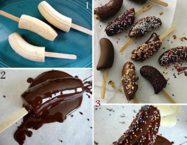 Banāns, apviļāts izkausētā šokolādē, apkaisīts ar kraukšķi gatavs lietošanai pēc stundas būšanas ledusskapī