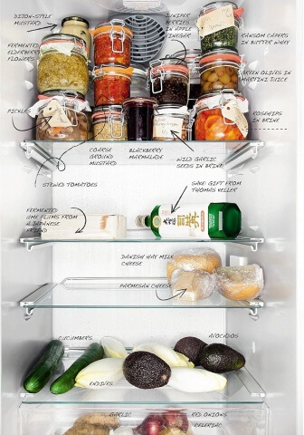 Šefpavāra Bo Bech ledusskapis. Viņš strādā vienā no labākajiem restorāniem pasaulē Dānijā. Viņa ledusskapī nav produktu pārbagātība, kā redzat. Taču ir daudz dārzeņu.  